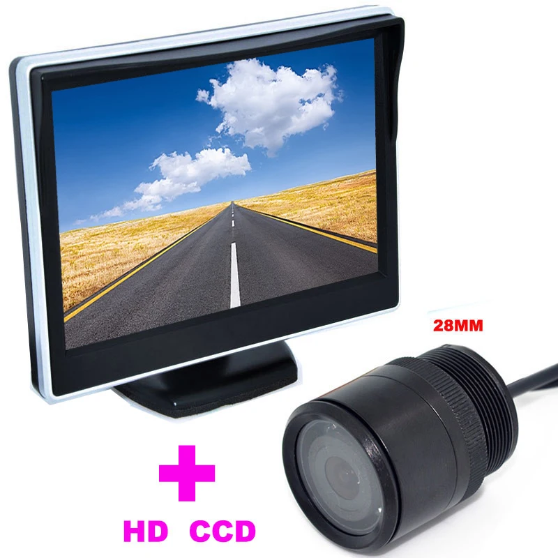 

28mm Car Rearview Camera backup camera HD 170 Angle+2 in 1 Auto Parking Assistance System 5" TFT LCD Car mirror monitor