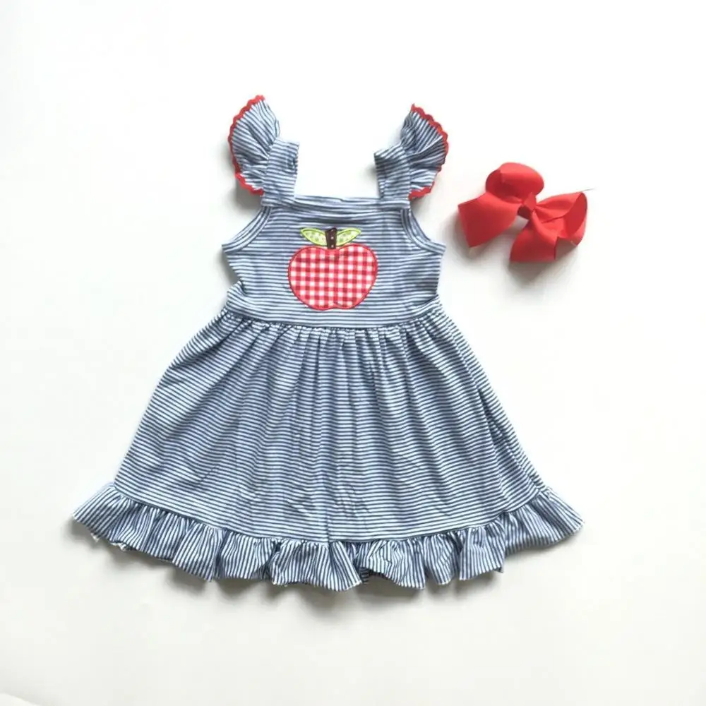 

back to school Fall baby girls kids boutique clothes children dress short sleeve blue stripe apple cotton match accessories kid