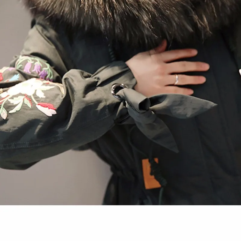 Зимняя женская куртка с воротником из натурального меха, парка с вышивкой и капюшоном, стеганое пальто, новинка, теплое пальто, Abrigos Mujer Invierno YP1636