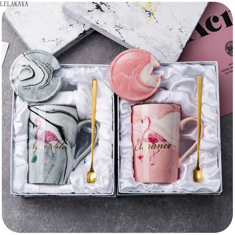 

Anime Action Figure Printed Ceramic Cartoon Flamingo bottle With Lid and Spoon Marbling Creative Water cup doll toy model figure