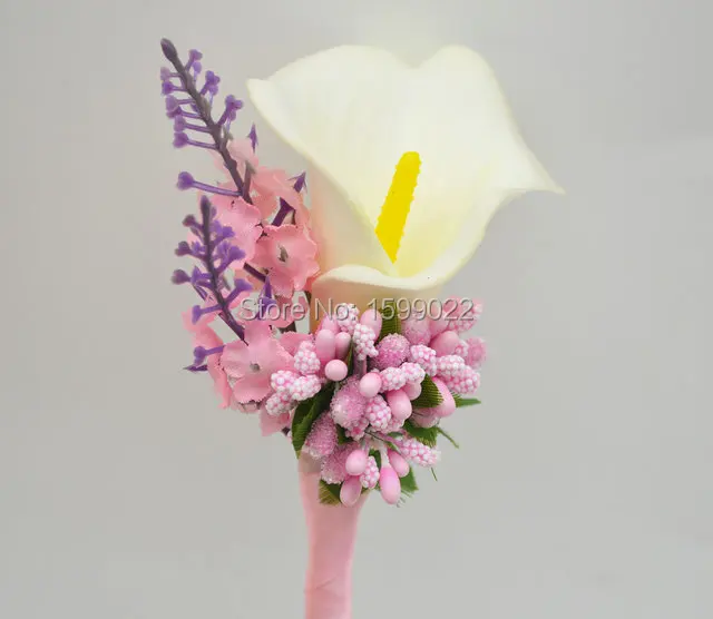 

Rustic Wedding Calla Lily Flowers for Groomsmen Boutonnieres Pink Ribbon Bridegroom Brooch Groom Corsage Suit Tuxedo Decoration