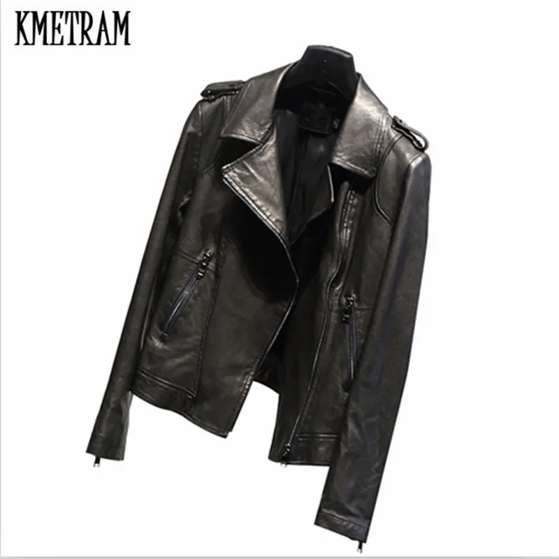 

KMETRAM 2019 100% Sheep Skin Jacket Slim Fashion Sheepskin Coats Leather Jacket Women Coat Oblique Zipper Casaco Feminino HH445