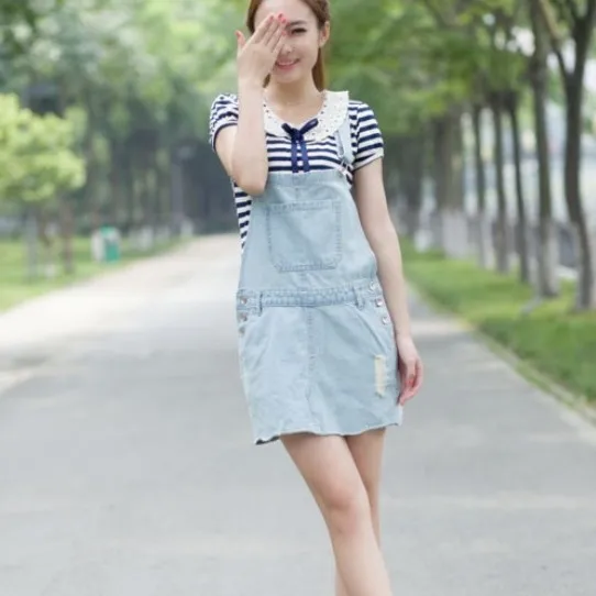 

Free Shipping 2015 New Fashion Women Rompers Suspender Dress Denim Jeans Overall Summer Style Dresses With Holes Plus Size S-XL