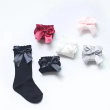 5 Colors Baby Girls Winter Solid Warm Knee High Socks with Bows Princess Cute Long Tube Kids Booties Vertical Striped Socks