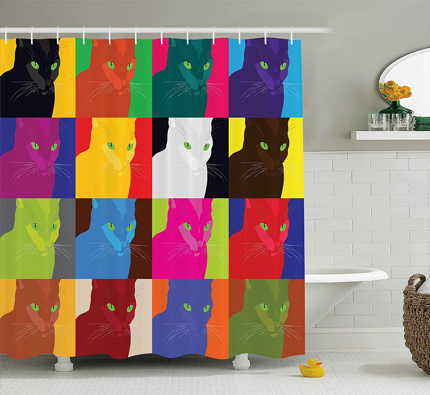 Cat Decor Shower Curtain Pop Art Style Featured Fractal Kitty Portraits