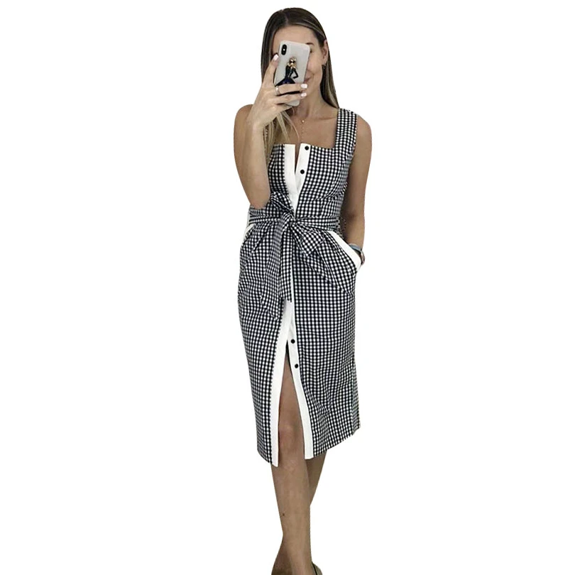 

MVGIRLRU Women Plaid Spaghetti Strap Dress Office Lady High Waist Sashes Dress Single Breasted Sling Dresses