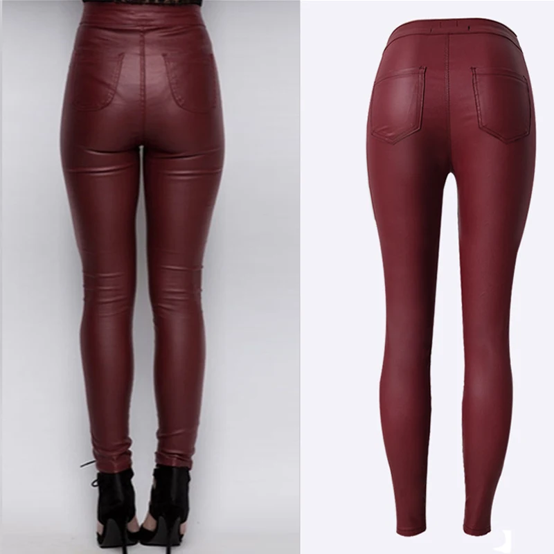 Джинсы женские винно красные зауженные из искусственной кожи|pencil pants|brand pantspants brand