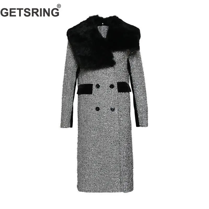 

GETSRING Women Winter Coat Bling Sequins Rabbit Hair Collar Double Breasted Coat Long Sleeve Female Overcoat Winter Jacket Women