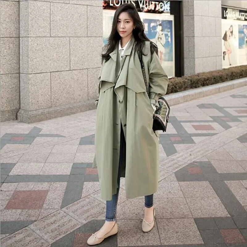 

Korea Style 2019 Spring Long Women Trench Coat Causal Waist Belt Shawl Overcoat Thin Single-breasted Army Green Coat QV494