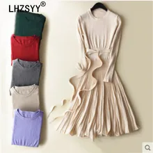 LHZSYY New Autumn Winter Women Cashmere Sweater Dress O-Neck Slim Long Sweaters Pleated Hem Solid High quality soft Wool Dress