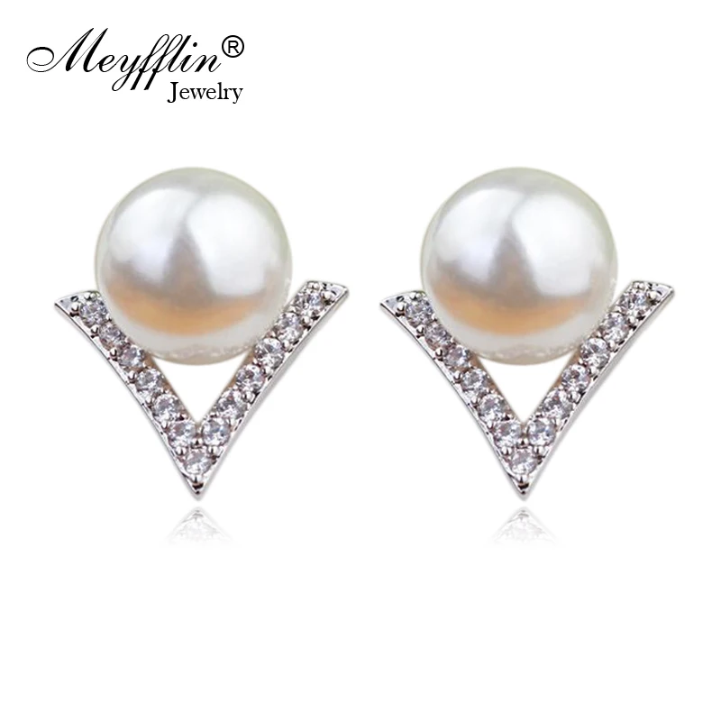 

Meyfflin Fashion Simulated Pearl Earrings Women Jewelry 2019 Zircon Crysatl Triangle Stud Earring boucle d'oreille femme bijoux