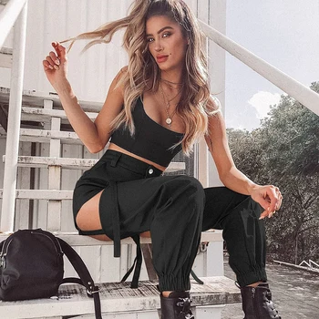 Black High Waist Cargo Pants with Buckle Hollow-up 5