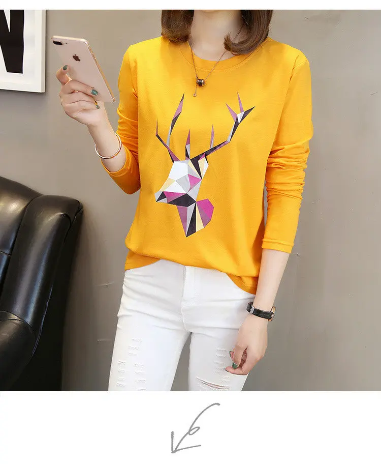 2019 Autumn Cotton T-Shirts Deer Printed Tshirts Women Leisure Long Sleeve White T-shirt Female Tops Tees Large Size M-5XL  (9)