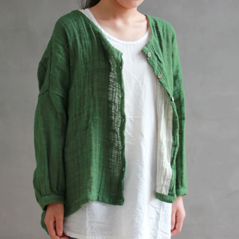 Prix Automne 2018 Nouveau Solide Couleur Femmes Vintage Coton Lin Chemise À Manches Longues Col Rond Lâche Plus La Taille Irrégulière Cardigan Chemise