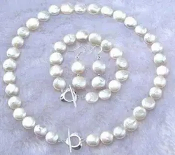 

Hot sale new fashion style free shipping 11-12MM Natural White Coin Pearl Necklace Bracelet Earring Set BV126