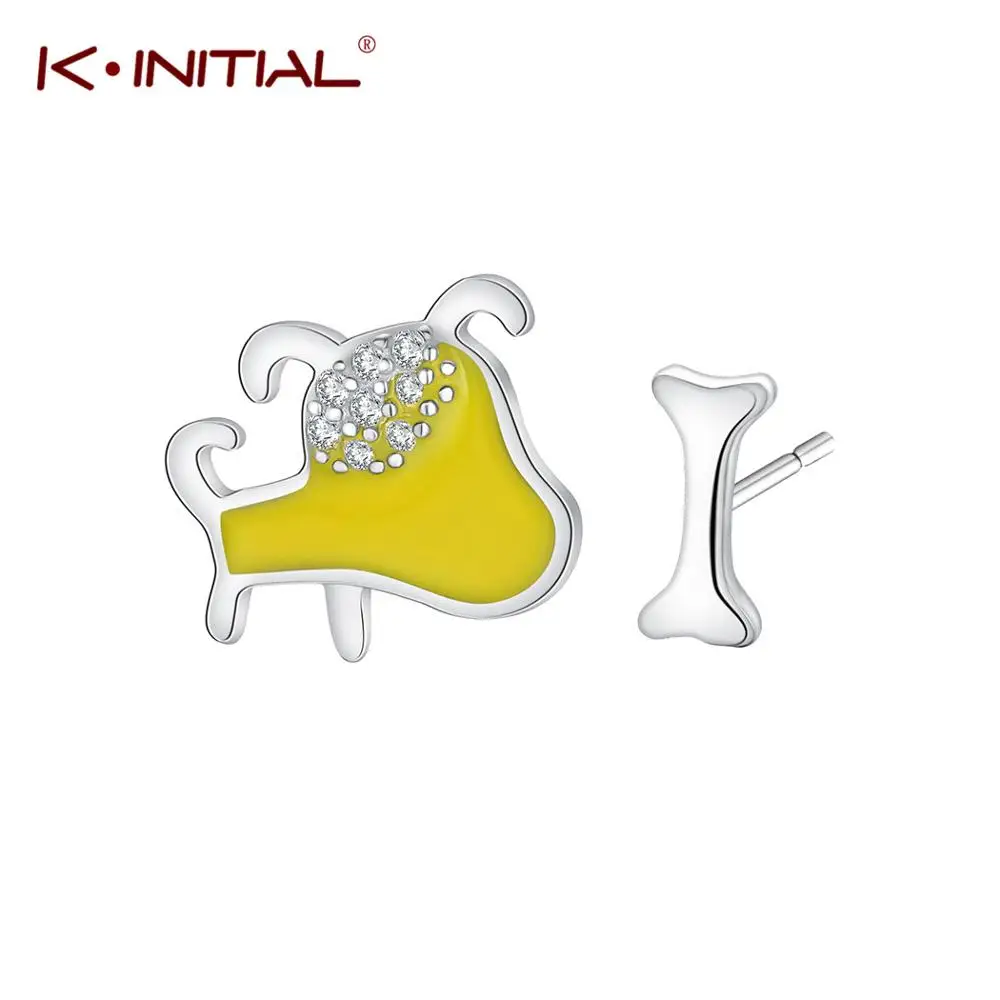 Kinitial Fashion Enamel Dog Pet Stud Earrings Asymmetry Little Bone