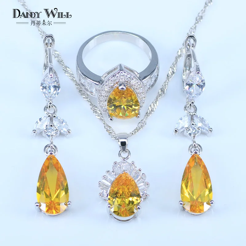 

Suprise Present Sparkling Yellow Cubic Zirconia Earring And Necklace Fashion Women 925 Stamp Silver Color Jewelry Sets