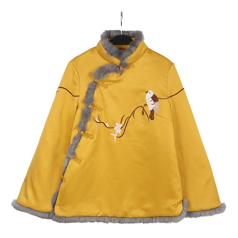 Китайский стиль, женская куртка с хлопковой подкладкой, традиционная вышивка, теплая верхняя одежда с длинным рукавом, свободное Женское пальто на пуговицах ручной работы
