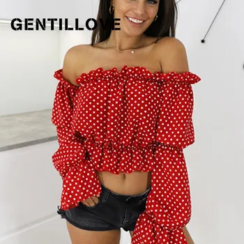 

Gentillove Women Summer Casual Chiffon Crop Tops Female Sexy Off Shoulder Ruffle Blouses Fashion Stylish Fluorescent Top Tee
