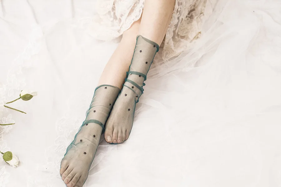 7 цветов, женские носки с изображением Луны в стиле Харадзюку, яркие цвета, блестящие носки с изображением Луны, женские прозрачные блестящие сетчатые ажурные носки, черные Чулочные изделия - Цвет: Dark green