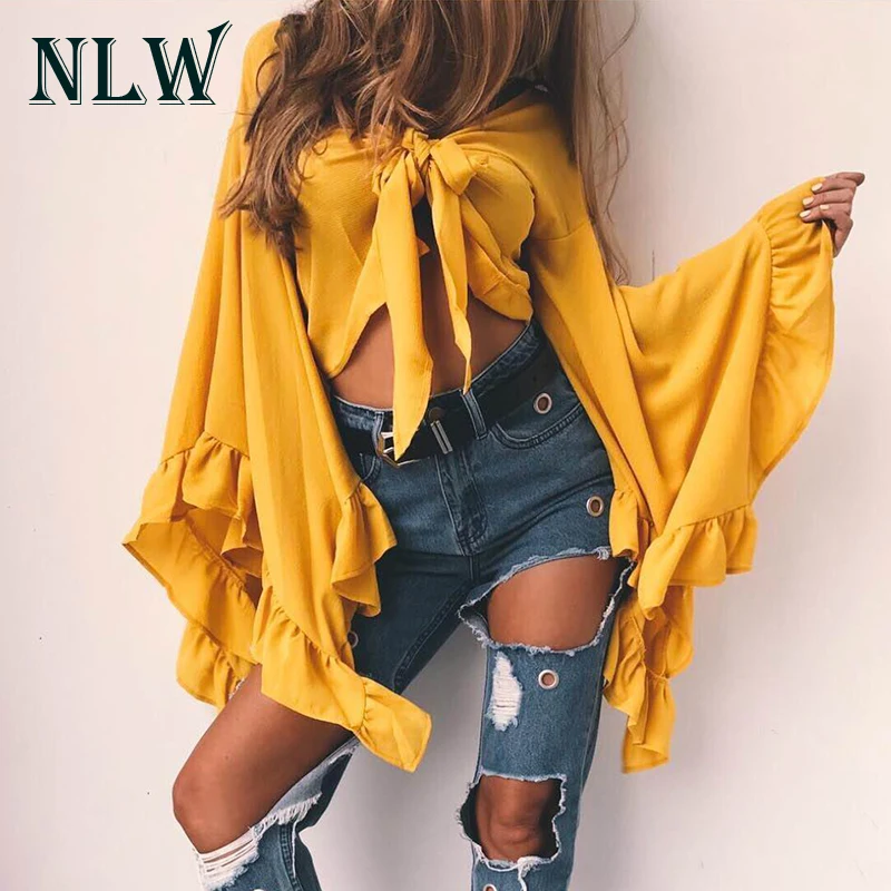 NLW желтый цветочный принт Boho блузки рубашки сексуальные глубокий V кружева вверх