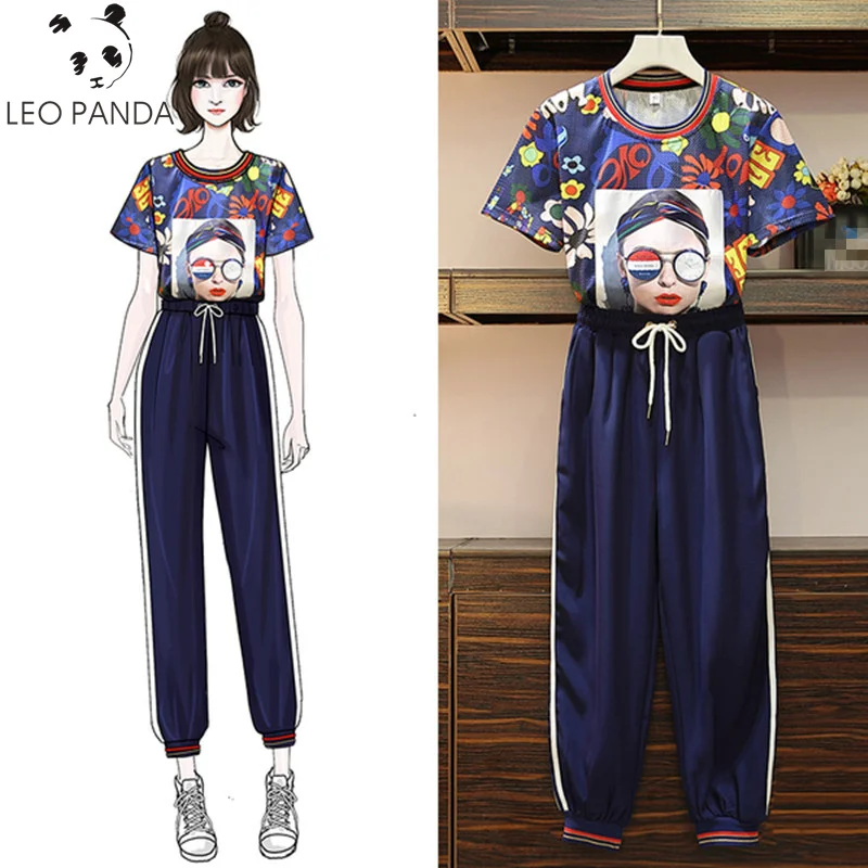 

2019 summer Casual Print Tracksuit Women Two Piece Set Breathable mesh Character Appliques T-shirt + Loose Ankle-length Pants