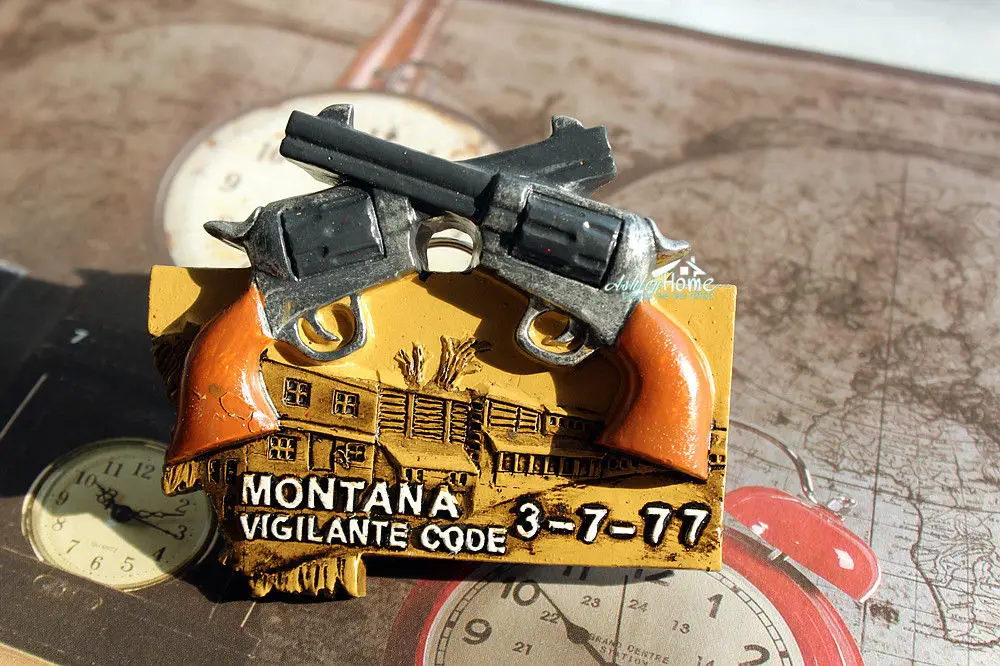 США Монтана Vigilante код 3-7-77 туристический сувенир 3D Смола револьвер магнит на холодильник ремесло подарок