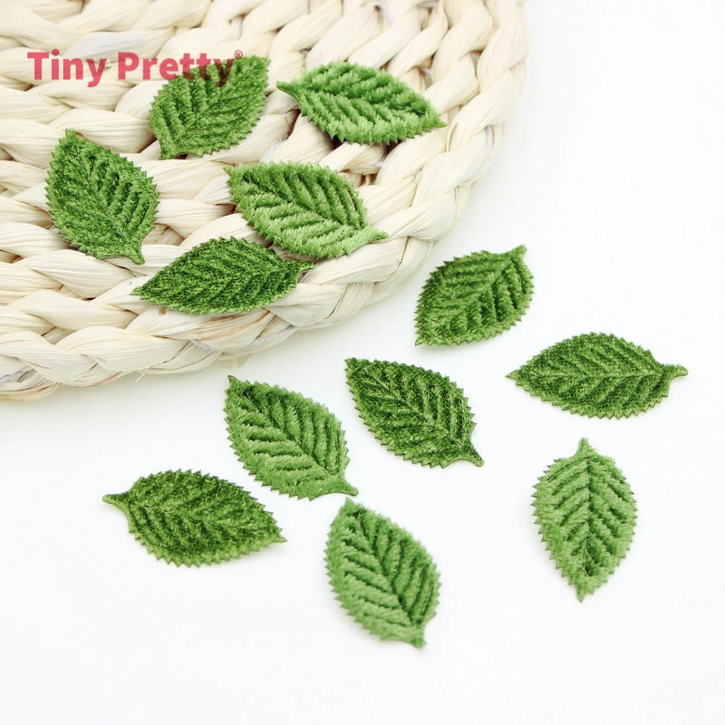 100PCS Olive Green Tree Leaf Appliques Embossed Artificial Fabric Leaf Accessory for DIY Crafts, Scrapbooking, Sewing Projects