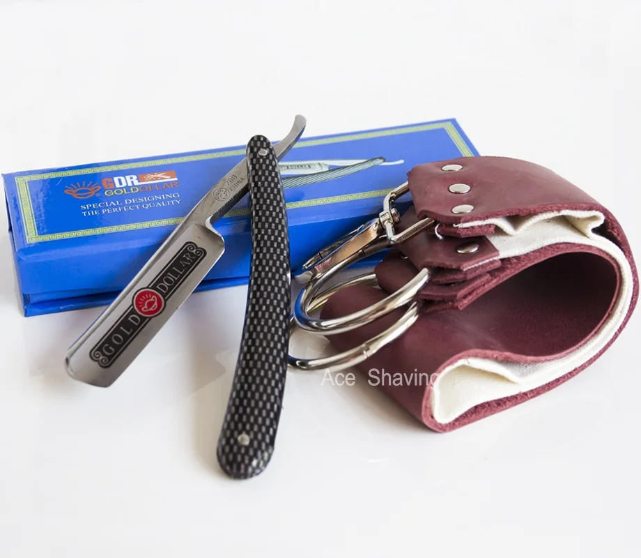 Barber Shaving Set Folding Knife Straight Razor Blade Sharpening Paste Leather Strop Stone Beard Brush - Цвет: Razor Leather strop