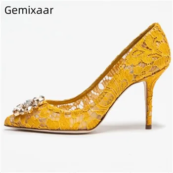 

Lace Candy Color Pumps Shoes Women Pointed Toe Slim Shallow High Gladiator Footwear Comfy Real Leather Insole Pump Woman Zapatos
