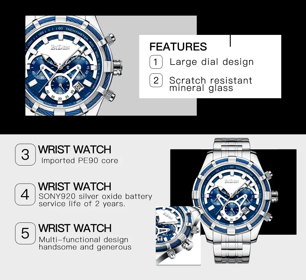 Кварцевый нержавеющая сталь Многофункциональная водонепроницаемые часы с календарем часы Citizen movement бренд biden наручные часы Мужские часы