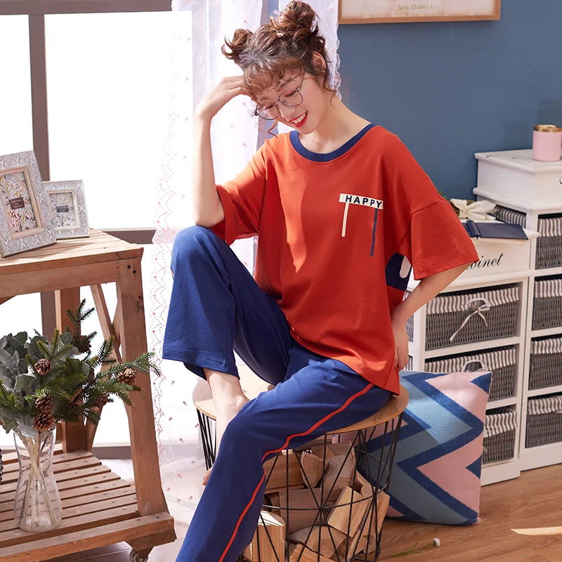 Summer Knitted Cotton Women Pajamas Set Short Tops+Long Pants Sleepwear Round Neck Big Size M-XXL Ladies Homewear Clothing Summer Knitted Cotton Women Pajamas Set Short Tops+Long Pants Sleepwear Round Neck Big Size M-XXL Ladies Homewear Clothing