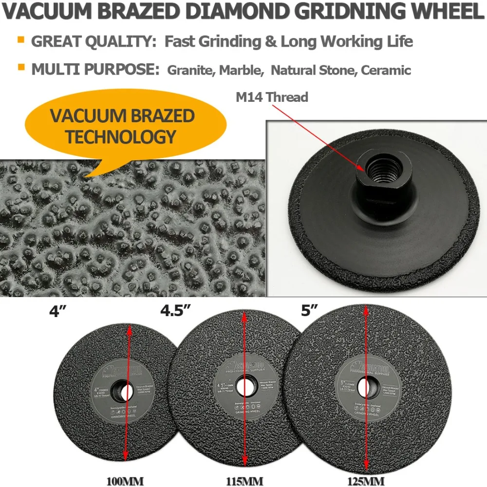 SHDIATOOL 1pc M14 Diameter 4" 4.5" 5" Vacuum Brazed Diamond Flat Grinding Wheel 100mm 115mm 125m Grinder Disc Stone Grinding