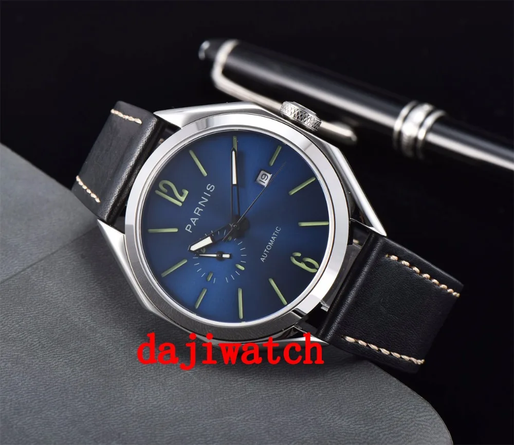 43 мм Parnis синий циферблат сапфировое стекло светящиеся Miyota автоматические мужские часы
