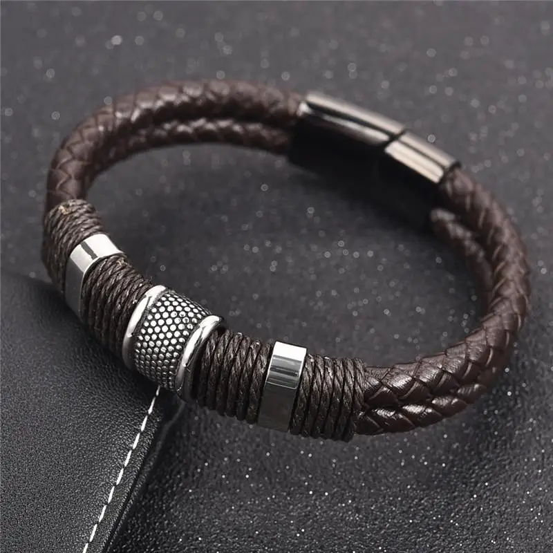 Jiayiqi модный мужской Плетеный тканый черный/коричневый кожаный браслет, браслет из нержавеющей стали, ювелирные изделия, винтажный подарок