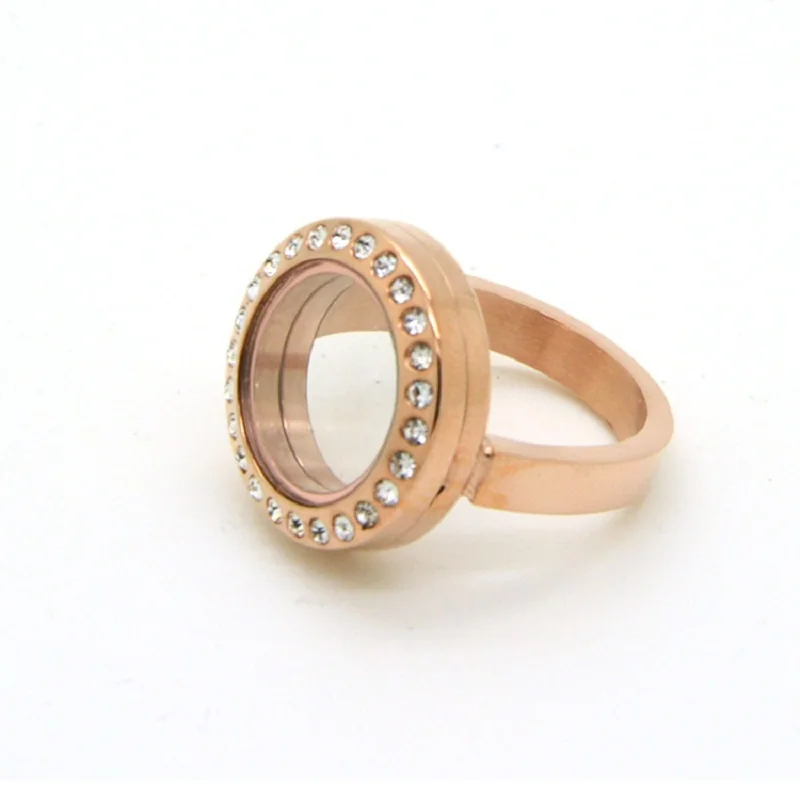

Rose Gold 20mm Magnetic Stainless Steel Floating Locket Ring With Rhinestones Glass Living Locket Ring 10pcs