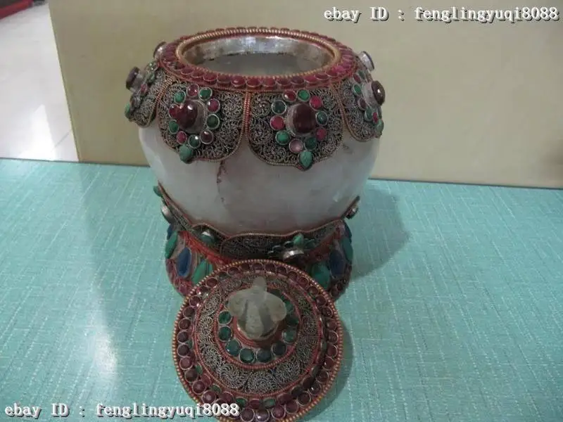 

Nepal craftsman Handwork inlay crude crystal ruby beryl crock Bottle Pot Vase