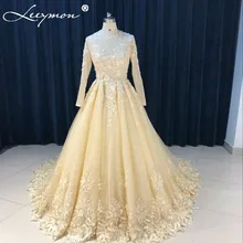 Real Champagne Lace Wedding Dresses 2017 Long Sleeve Bridal Gown Appliques Flowers Beaded brautkleider hochzeitskleid