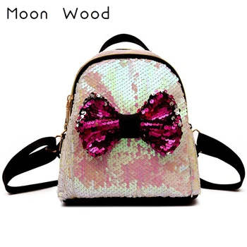 

Moon Wood Lovely Bling Bow Sequins Backpack High Quality Female Small Travel backpack Fashion Children Girls School Bag Mochila