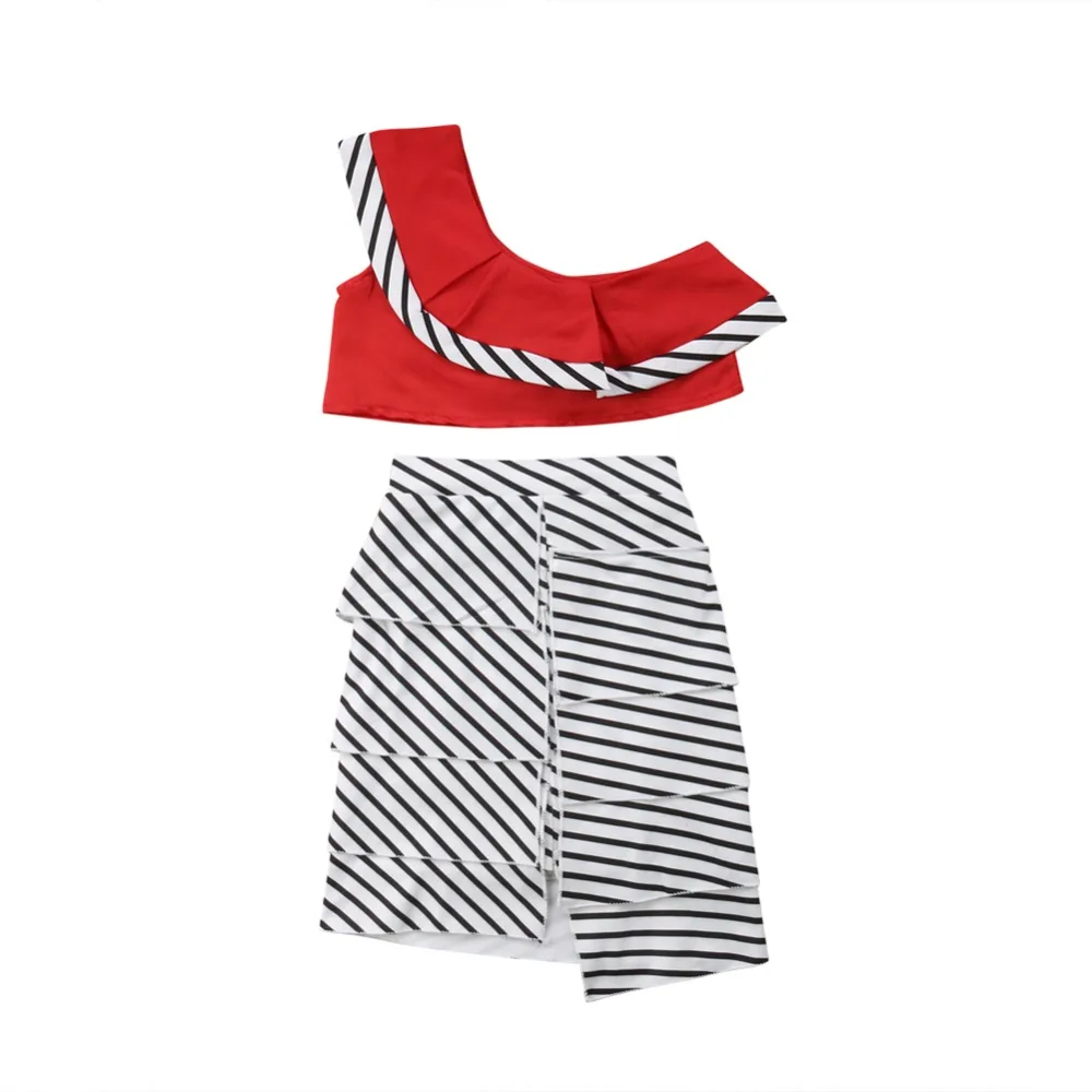 Pudcoco Детское платье для маленьких девочек оборки, открытые плечи Топы+ Асимметричная юбка в полоску летняя детская одежда для малышки От 1 до 6 лет