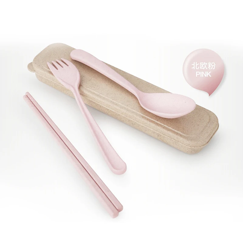 3 pcs Portable Outdoor Wheat Straw Tableware Set Fork Spoon Chopsticks Flatware Travel Dinner with Box Easy to Carry | Дом и сад
