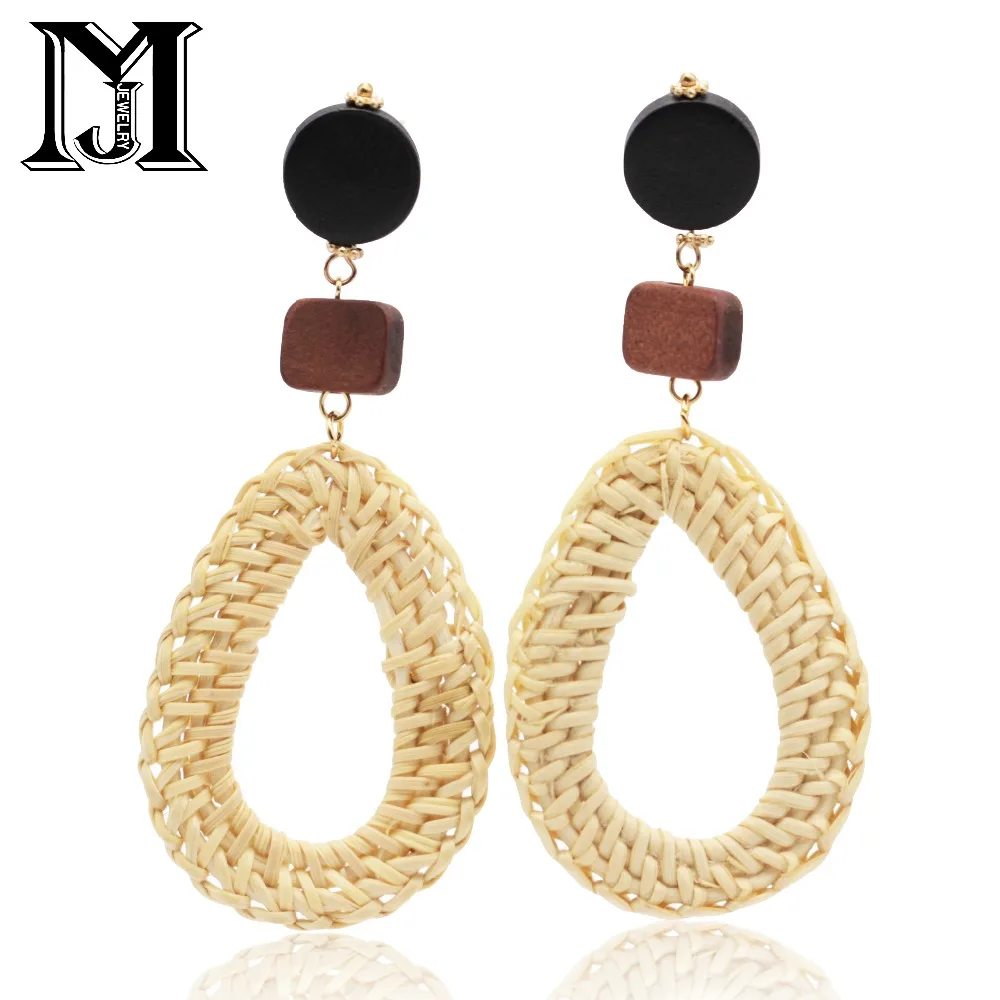 JiaMu модные популярные длинные серьги гвоздики из ротанга с деревянными