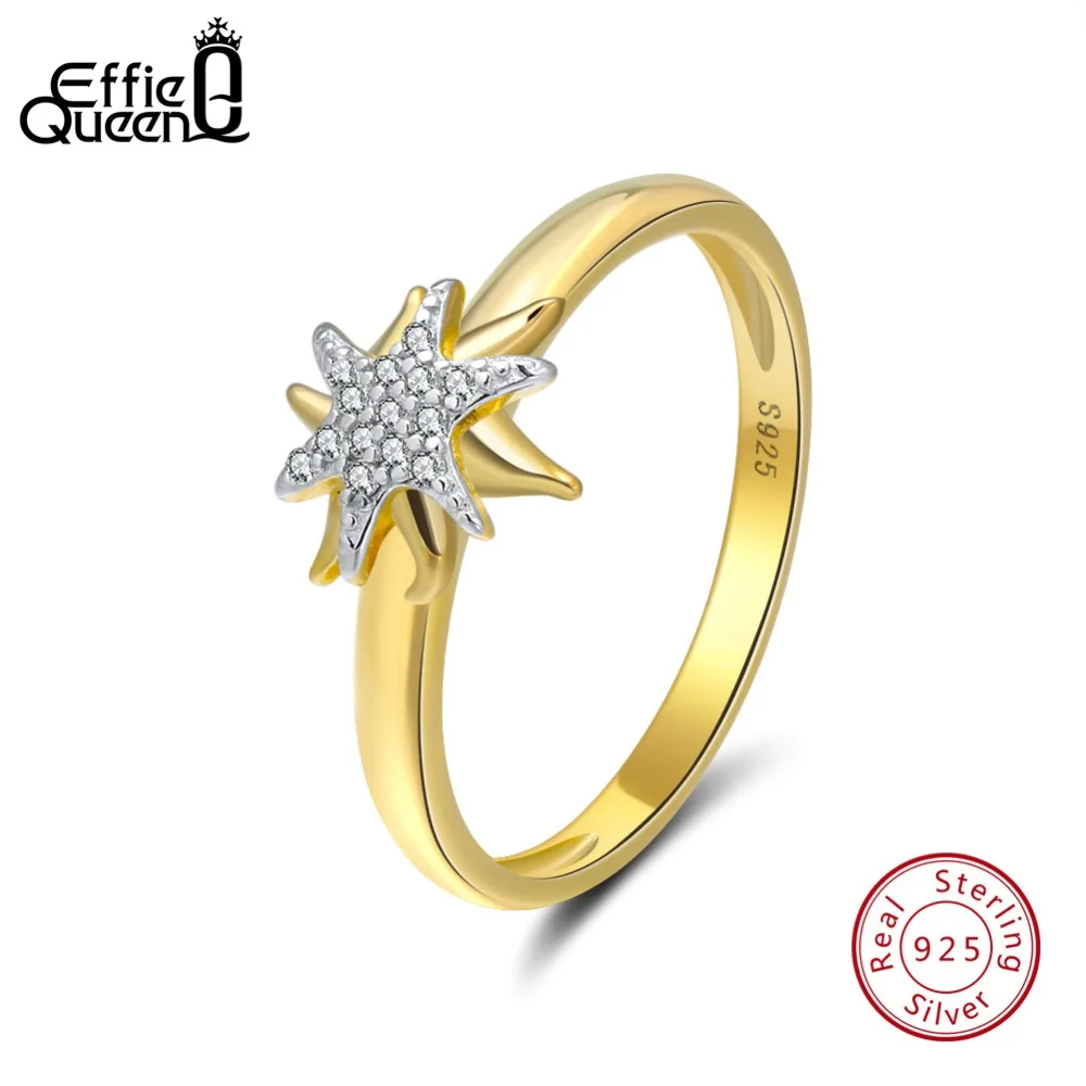 

Effie Queen Real 925 Sterling Silver Ring Star Pattern Starfish With AAA CZ Gold-color Women Rings Wedding Jewelry Gift BR97