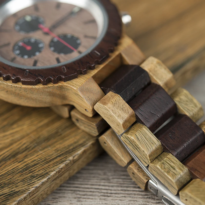 Week Display BOBO BIRD Men Watch Top Stylish Wood Chronograph Timepieces Quartz Watches relogio masculino In Wood Gift Box L-R21