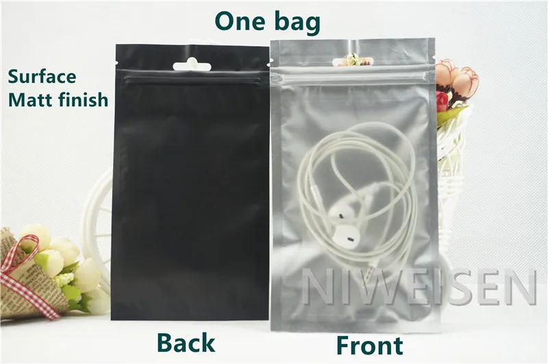 

100 X Black Aluminium foil Ziplock bags with hang hole - Front matte clear Zipper Resealable Mylar foil plastic pouch card sack