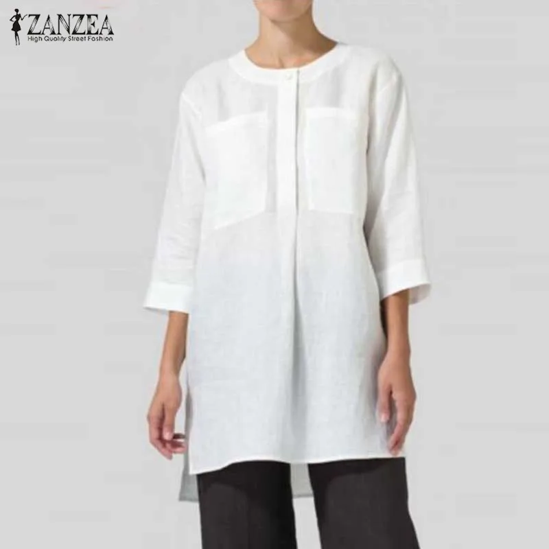 

2019 Autumn Tops Women Casual O Neck Shirts Blouse ZANZEA Vintage Office Lady Work Shirts Big Pockets Tunic Blusas Plus Size