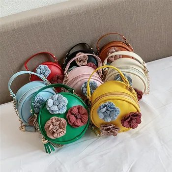 

Children Mini Messenger Bag 2019 Summer Flowers Leather Circular Candy Color Flower Tassels Shoulder Bags Small Messenger Bag A1