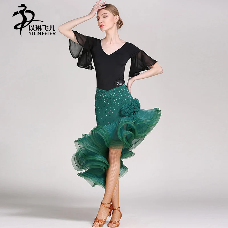 Hoorn Mouw Latin dans jurk vrouwen salsa latin dans kostuum Turnpakje + Rok latin dance kleding Hoorn Mouw Latin dans jurk vrouwen salsa latin dans kostuum Turnpakje + Rok latin dance kleding