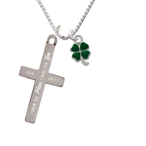 Mini Green Four Leaf Clover with Heart Leaves - Plans I Have for You - Cross Necklace (1)