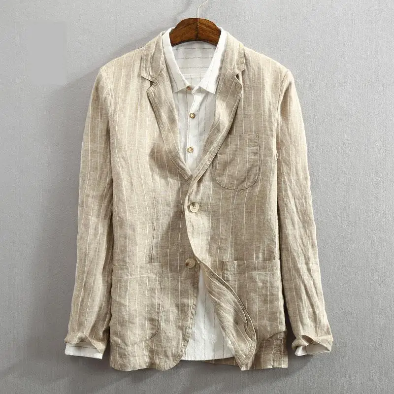

2019 New Arrival High Quality Spring And Autumn 100%linen Suit Men Jacket Thin Stripe Loose Youth Casual Men Blazer Size M-3XL